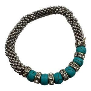 Chunky Boho Bracelet – Silver Beaded Coil with Faux Turquoise‎ & Rhinestone